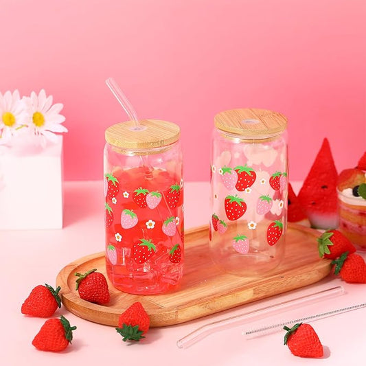 Sliner 2 Pcs Strawberry Glass Cups Drinking Glasses 16 oz Iced Coffee Cup with Lid Straw Cleaning Brush Cute Beer Can Tumbler Holiday Gifts for Spring Summer Home Office Decorations