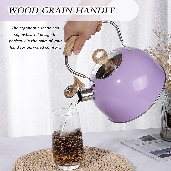 Stove Top Whistling Tea Kettle, 2.3 Quart Purple Stainless Steel Teapot for Boiling Water Coffee or Milk, Tea Pot with Ergonomic Handle Suitable for All Stovetops (Purple), 2.5L, VO-SH05