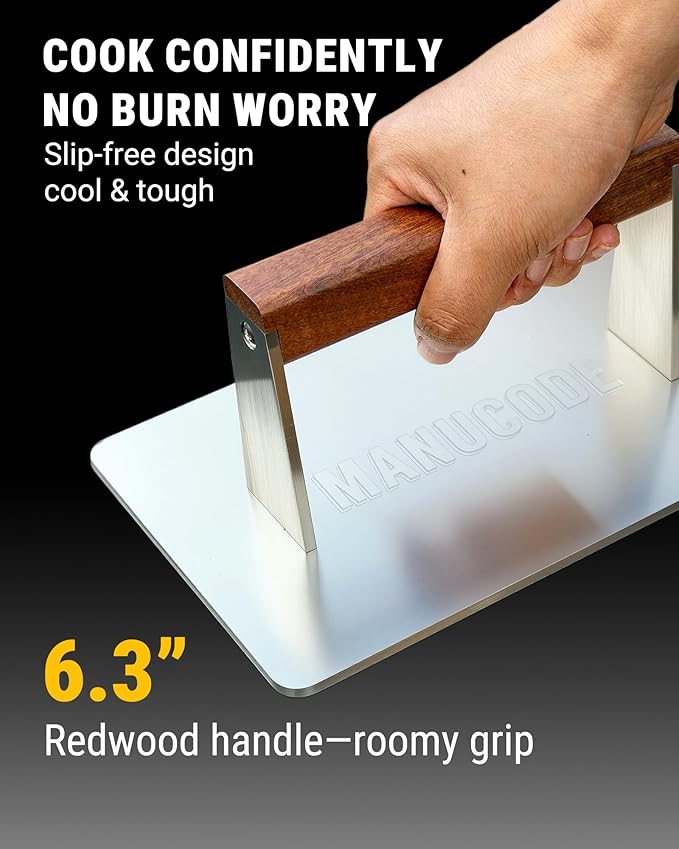 Manucode Stainless Steel Bacon Press - 3.2 LB Heavy Cooking Weight, Ideal for Flat Top Grill - Griddle Accessories for Searing Smash Burger, Steak, Sandwich - 9.25 x 5.7 Inches, Flat Bottom, Rectangle