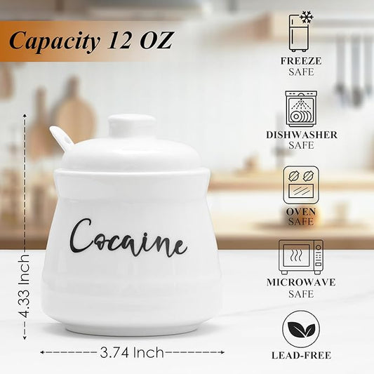 Ceramic Sugar Bowl with Lid and Spoon - Funny Sugar Container with Lid and Spoon for Coffee Bar Decor, 12 oz Sugar Jar Sugar Dispenser Gag Gift (White)