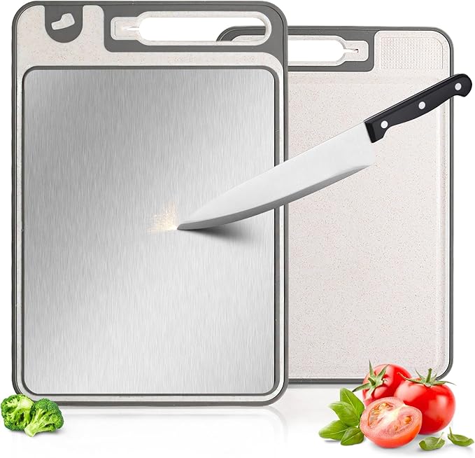 NTIERA 3-in-1 Stainless Steel Cutting Board for Kitchen, Double Sided, Cutting Board,Scratch-Resistant Mesh Design with Juice Groove,Easy Clean,Wheat Straw PP Large Chopping Board 15 * 11IN