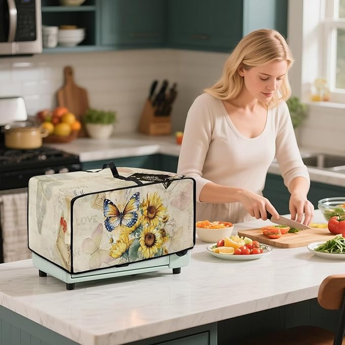 Doojoayie Butterfly Sunflower Toaster Cover 6 Slice Toaster Oven Cover Dust Resistant Appliance Covers for Kitchen Counter Modern Home Kitchen Decoration