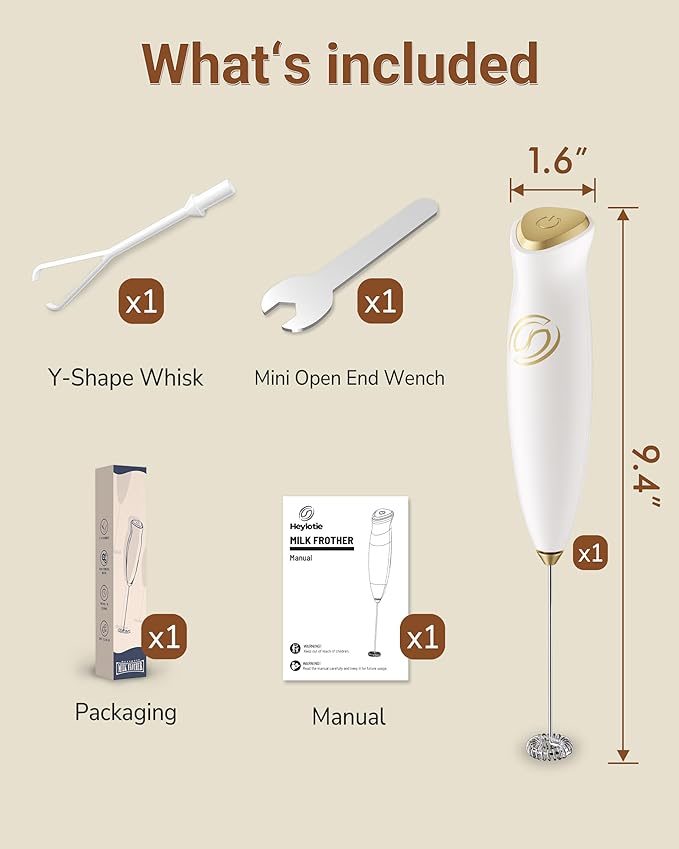 HeyLotie Milk Frother Handheld Frother Wand Drink Mixer Handheld Coffee Stirrers Electric Frother for Coffee Mixer Wand with 2 Whisk frother for protein powder coffee frother handheld-White/Gold
