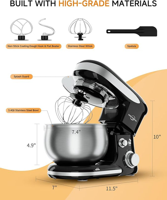 Stand Mixer, 3.4QT Tilt-Head Small Stand Mixers, 6+P Speed Kitchen Mixer for Daily Use with Egg Whisk, Dough Hook, Flat Beater, Bread Dough Mixer for Baking (Black)