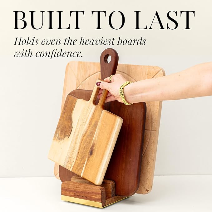 STYLED SETTINGS Cutting Board Organizer – Acacia Wood Stand with Gold Stainless Steel Base, Kitchen Holder Rack for Cabinet or Countertop Storage - Holds Three Boards for Easy Storage