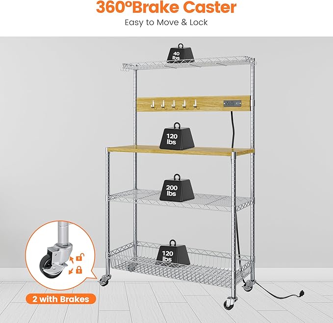 Bakers Rack with Power Outlet & Storage, 33 Inch Microwave Stand Kitchen Shelf Storage Rack, Coffee Bar Cart with Wheels & Hooks, 4-Tier Metal Kitchen Shelves Cart, Chrome