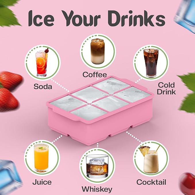 KitchFort Large Silicone Ice Cube Tray (2-Pack), Easy Release 2" Big Ice Cubes - Cocktail, Whiskey Ice Cubes Mold - Ice Trays for Freezer with Lid - Stackable Silicone Ice Tray - Pink