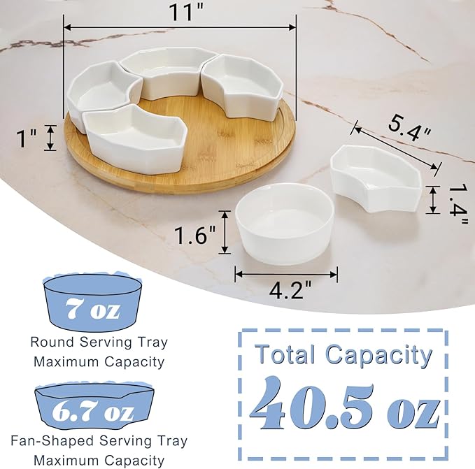 SOUJOY 11'' Lazy Susan Serving Tray, Porcelain 360° Rotatable Serving Tray and Platters, Removable Divided Serving Dishes, Party Relish Bowl for Chip, Dip, Veggies, Candy and Snack, Cheese, 7 Pieces