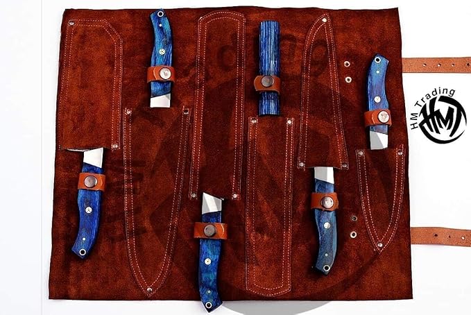 Custom Made Damascus Steel #6 Pcs of Professional Utility Kitchen knives Set Comes with Sweet Leather Roll Kit (3712) (Blue Pakkawood)