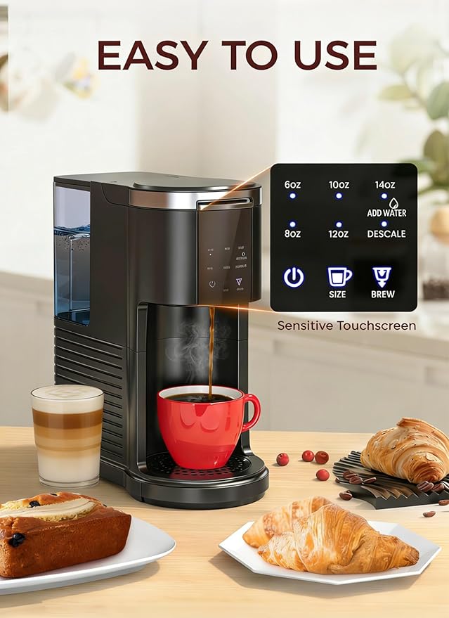 Kndko Single Serve Coffee Maker for K Cups and Ground Coffee, Capsule Coffee Machine, 6 to 14oz Brew Sizes, 40oz Removable Reservoir, Fast Brew, Compact Design, Travel Mug Friendly, Black