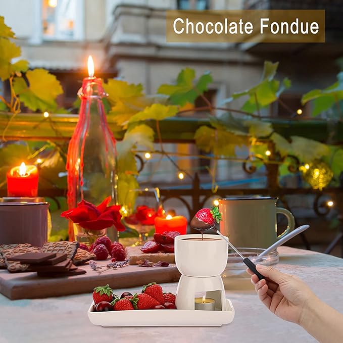 BSTKEY 150ML Ceramic Butter Warmer Set with Ceramic Rectangle Dish, Mini Fondue Pot Melting Pot Set, Melt Hot Pot Bowl Set For Cheese Chocolate Butter Caramel, with 2 Forks