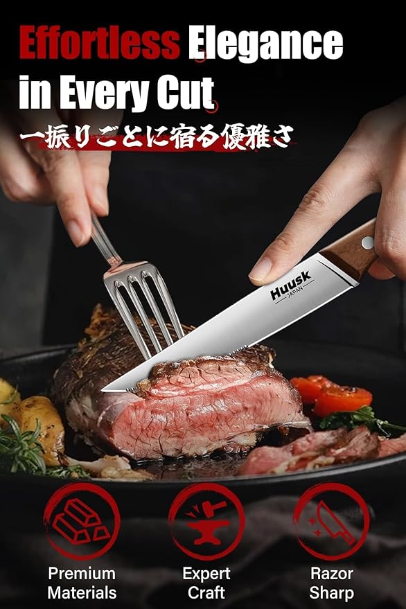 Huusk Steak Knives Set of 8 with Drawer Organizer-4.5 in Japanese Serrated Steak Knife Set with Block, Serrated & Straight Dual-Edge, Stainless Steel Steaks Knives with Holder, Christmas Gifts for Men
