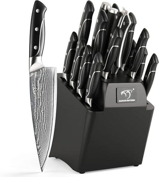 18 Pieces Damascus Kitchen Knife Set, 8 Piece Steak Knives, Non-slip ABS Ergonomic Triple Rivet Handle for Meat Fork, Knife Sharpener and Shears, 17 Slots Wooden Knife Block