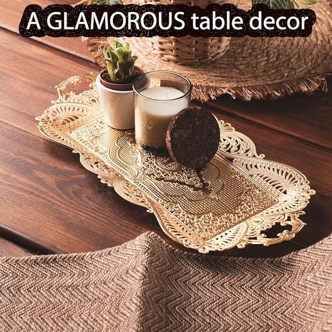 Small Gold Turkish Tea Coffee Serving Tray Table Decor Decorative Handles Rectangle - Gold Rectangular Candle Rustic Farmhouse Home Kitchen Brass Moroccan Style Traditional Fancy Tray Decor