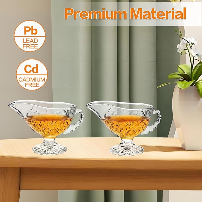 2 Pack 11.8 oz Glass Gravy Boat with Handle, Clear Gravy Sauce Boat Crystal Gravy Bowl for Dining, Salad Dressings, Black Pepper, Broth, Thanksgiving