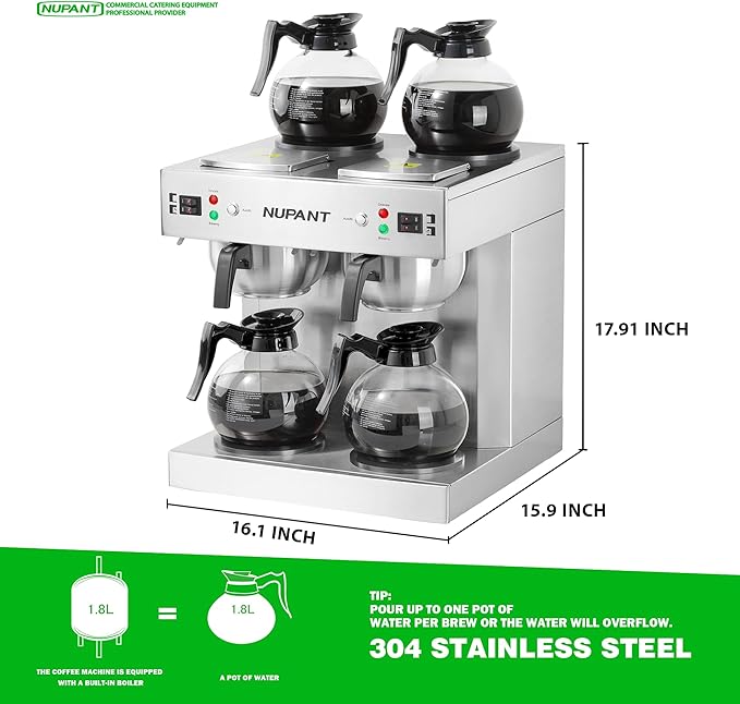 NUPANT Dual Drip Commercial Coffee Maker with Water Line 200 Cup/H 7.2L Auto-Filling Drip Coffee Maker Machine with 4 Carafes & 4 Warmers Stainless Steel Pour over Double Coffee Brewer for Restaurant