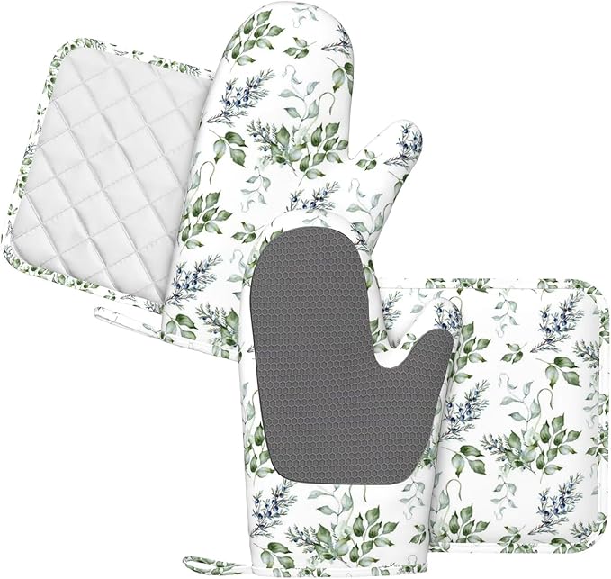 Sage Green Branches Silicone Oven Mitts and Pot Holders Sets Holly Leaves Kitchen Mitts Watercolor Berries Potholder Kitchen Accessories for Cooking Baking BBQ