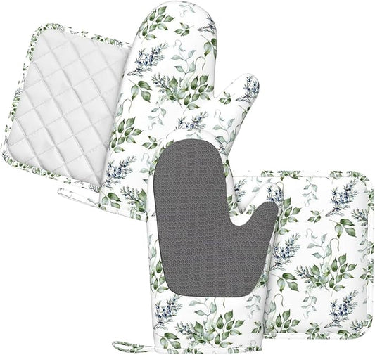 Sage Green Branches Silicone Oven Mitts and Pot Holders Sets Holly Leaves Kitchen Mitts Watercolor Berries Potholder Kitchen Accessories for Cooking Baking BBQ