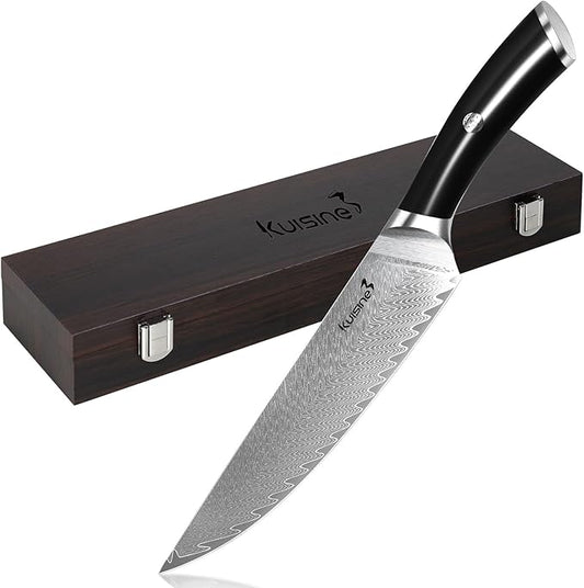 KUISINE Premium Damascus Chef Knife Non-slip Handle Razor sharp Blade Luxuy Gift for Holidays(Silver Pro, 8inch)