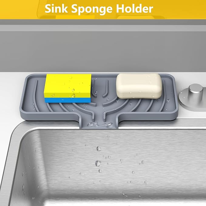 Sponge Holder for Kitchen Sink, Soap Tray for Sink & Counter, 9.8"×4.9" Soap Dish Mat, Silicone with Drain, Perfect for Dispenser, Scrubber, Bottle, Cup (Gray)