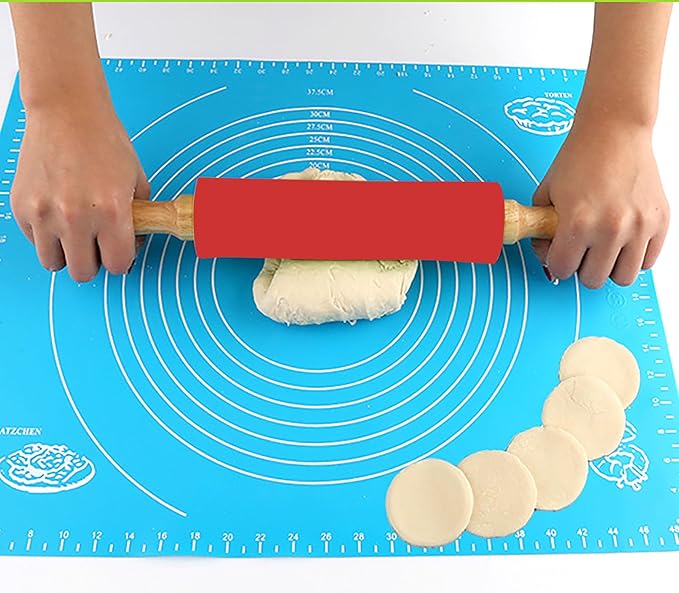 Silicone Rolling Pin, Red 9 Inch Pin with Wooden Rotatable Handle for Dough of Baking Bread, Cookie, Pizza (red, 9 inch)