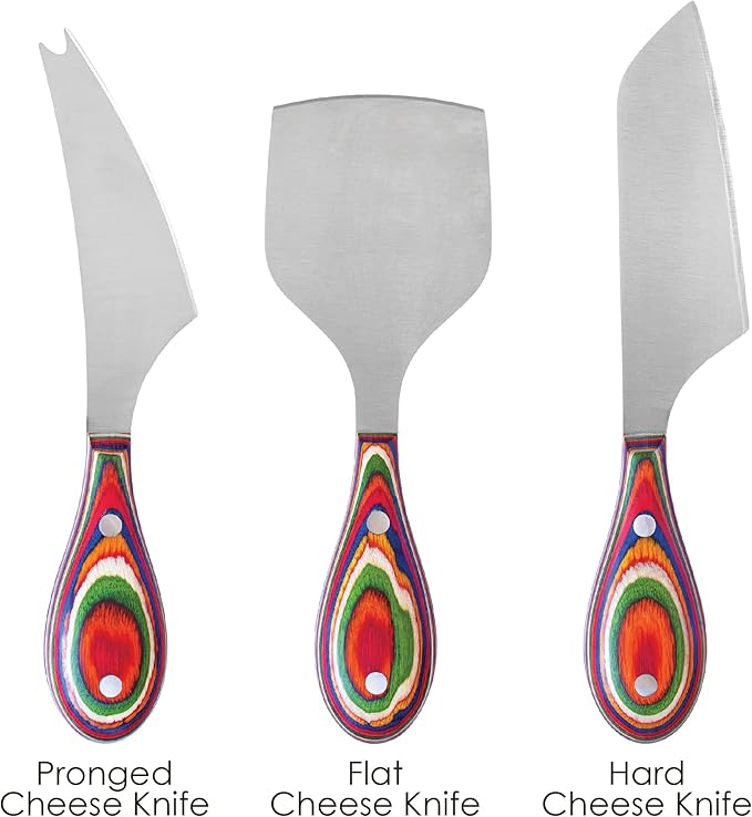 Totally Bamboo Baltique Marrakesh Collection 3-Piece Cheese Knife Set, Stainless Steel Cheese Knives with Colorful Wooden Handles for Charcuterie Boards