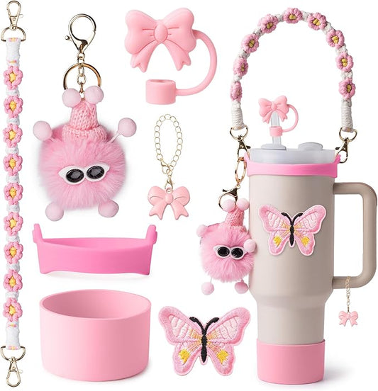 Stanley Cup Accessories Set I Water Bottle Handle Strap, Silicone Cup Boot, Lipstick Holder, Keychain Charms & Handle Charms,Straw Topper Accessories for Stanley Cups 40oz/30oz