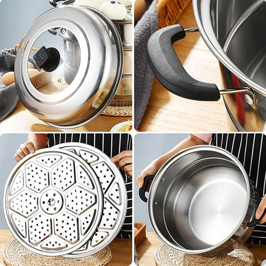 Steamer Pot 11inch Steam Pots for Cooking Steamer Pot with Lid 3-tier Multipurpose Stainless Steel Steaming Pot Cookware with Handle for Vegetable, Dumpling, Stock, Sauce, Food (11Inch/28cm)