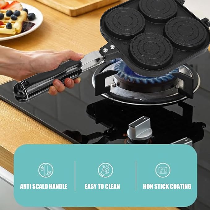 GOWENIC Double Sided Pancake Pan, Aluminum Alloy Non Stick Coating Pan for Waffles, Portable High Efficiency Pancake Pan for Outdoor Cooking Camping Picnics