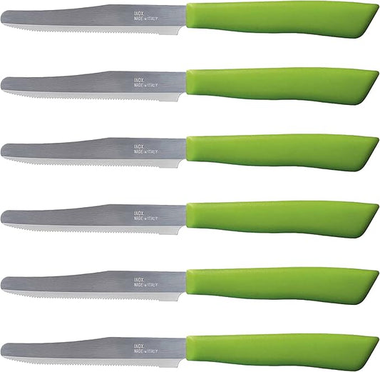 Tredoni 6 kitchen Knives - 4.3"/11cm Italian Stainless Steel Serrated Vegetable/Steak/Table Knife Cutlery, Rounded Tip (Green)