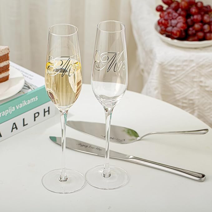 Wedding Cake Knife and Server Set, Cake Cuting Set for Wedding, Sliver Mr anf Mrs Champagne Fllutes for Bride Shower Engagement Gifts