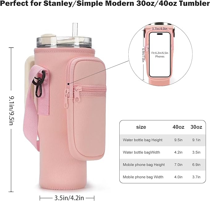 Water Bottle Carrier Bag for Stanley 40/30 oz Tumbler with Phone Pocket Neoprene Water Bottle Holder with Shoulder & Handheld Strap Stanley Cup Accessories