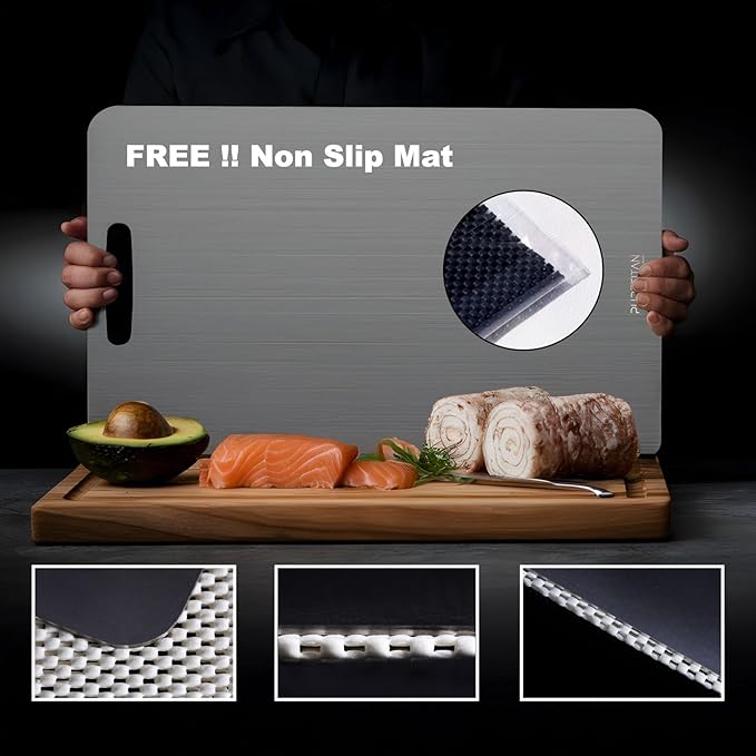 Pure Titan® Non-Porous Titanium Cutting Board – Superior Hygiene, Dishwasher Safe & Non-Slip | Ideal for Chefs, Raw Meat, and Camping | Premium Culinary Investment (L)