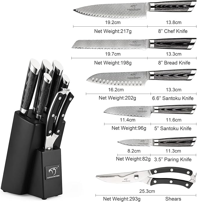 NANFANG BROTHERS Damascus Knife Set, 7 Pieces Kitchen Knife with Block, ABS Ergonomic Handle for Chef Knife Set, Kitchen Shears, Knife Block Set