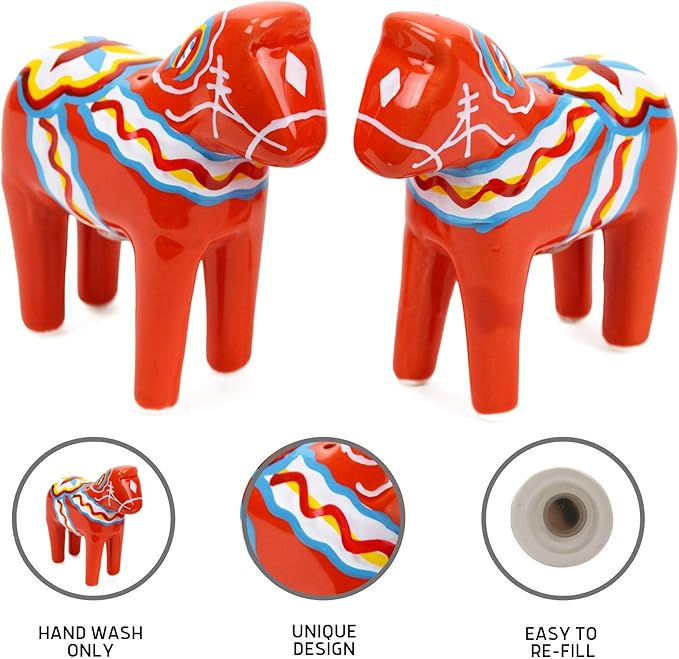 ScandinavianGiftOutlet - Salt and Pepper Shakers - 3.25" Ceramic Dala Horse - Orange-Red Swedish Theme - Kitchen Accessories - Scandinavian Home Decor Novelty Salt & Pepper Set