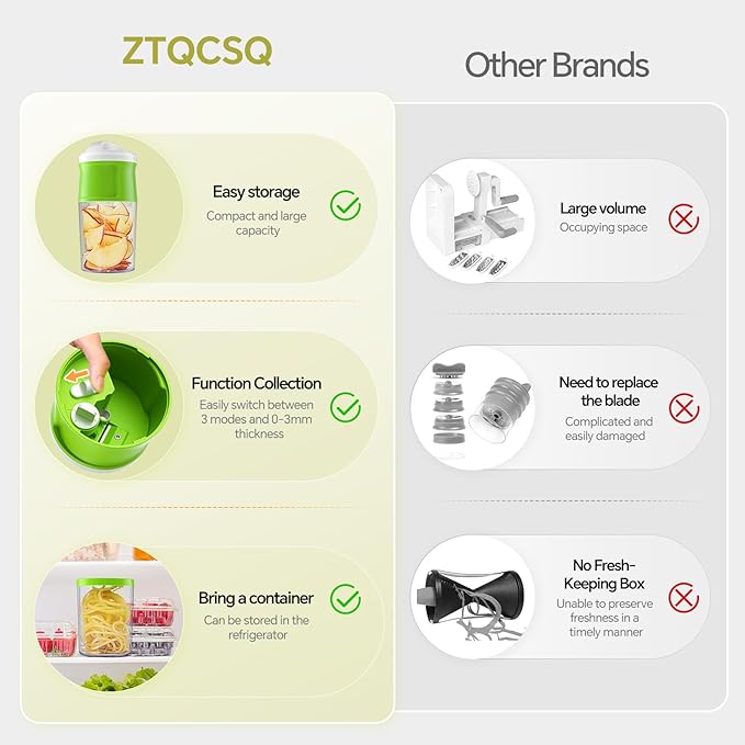 3 in 1 Vegetable Spiralizer Slicer, Adjustable Thickness 0-3mm, Zucchini Spiralizer Veggie Noodle Maker for Cucumber/Zoodle/Salad/Spaghetti/Pasta with Food Container, Cleaning Brush, Green