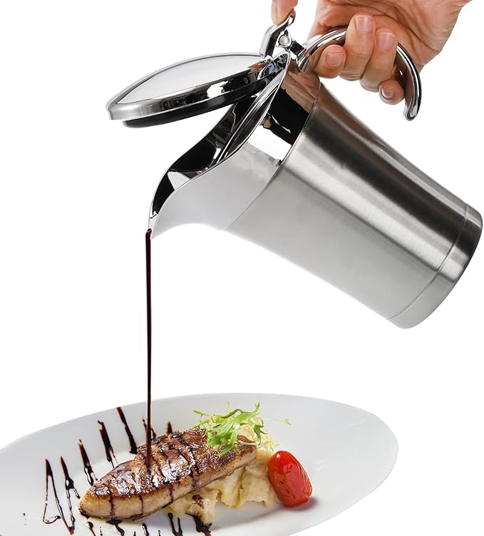Peohud Gravy Boat, 304 Stainless Steel Double Insulated Sauce Jug with Hinged Lid, 24 Oz Gravy Warmer Pitcher for Home and Kitchen