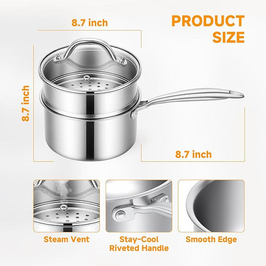 Ohtomber Tri-Ply Steamer for Cooking - Stainless Steel 3 Qt Saucepan with Lid, Medium Kitchen Induction Cooking Pot with Vegetable Food Steamer Basket, Non Stick Sauce Pan with Stay-Cool Handle