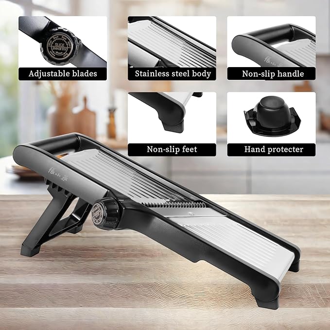 Adjustable Mandoline Slicer for Kitchen - Stainless Steel Vegetable Slicer Julienne Cutter with Ultra Sharp Blades 5-in-1 Vegetable Shredder for Onion, Potato Chip, French Fry