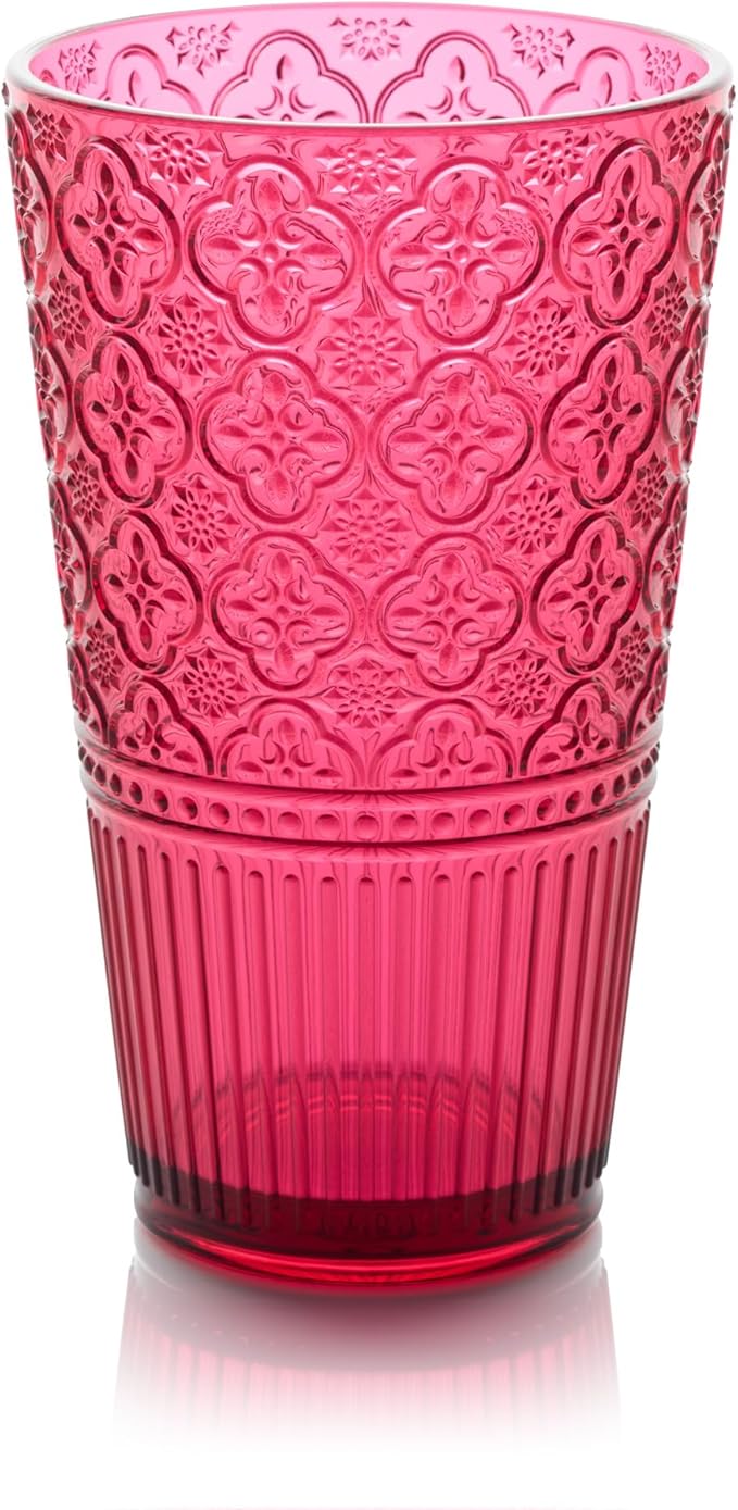 Victoria Ruby Set of 6 Premium Acrylic Ice Tea Glass 22 oz – Unbreakable Glassware with Elegant Embossed Design, Dishwasher Safe for Indoor & Outdoor Use