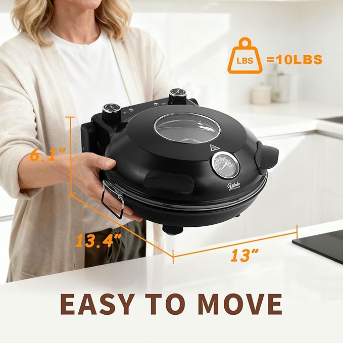 YIBAKE 12" Electric Pizza Oven - Countertop Pizza Maker with Ceramic Stone, Heats up to 800°F, Portable Indoor Pizza Oven for Homemade Pizzas, Black