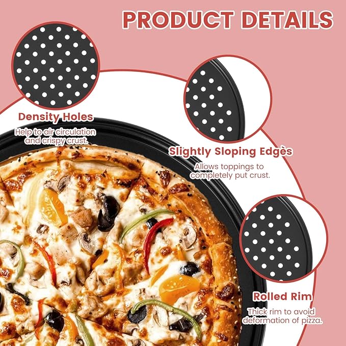 Tolare 4 Pack 12 Inch Round Pizza Pan with Holes, Pizza Tray for Oven Carbon Steel Non-Stick Platter Bakeware, Baking Pans, for Home Restaurant Kitchen Baking(Black)