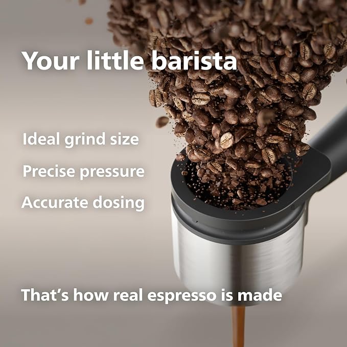 Philips Baristina Espresso Machine - Real espresso, made simple. Compact coffee machine, natural white with ash wood portafilter, 16 bar pump pressure, automatic grinder, Cafe Crema (BAR302/20)