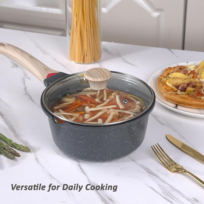 Bakoniion Ceramic Nonstick 4 QT Saucepan with Lid, Cast Aluminum Stockpot with Stay-cool Handle,Compatible with All Cooktops,Dishwasher Safe