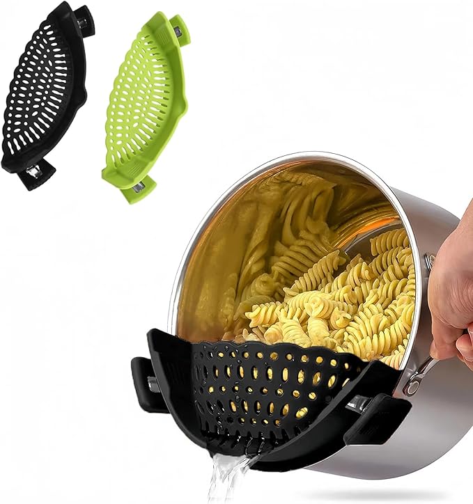 2 PACK Silicone Clip-on Strainer - Fits Pots, Pans & Pasta, Hands-Free Food Strainer for Ground Beef, Spaghetti, Pasta, Compatible with All Bowls and Pots (Black,Green)