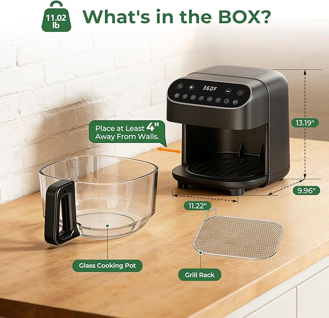 Havato 5 Quart Glass Air Fryer with Visible Window, Non-Toxic High Borosilicate Glass Basket (No Coating), Airfryer Oven with 8 Preset Modes, PTFE/PFSA Free, Dishwasher Safe, Black