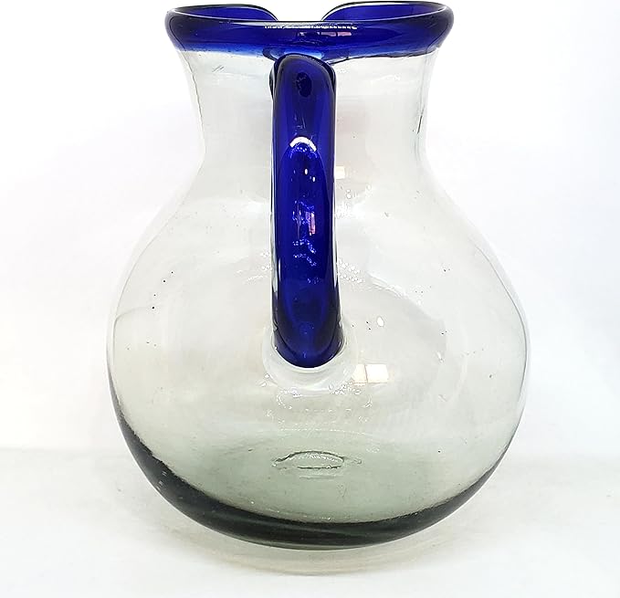 Cobalt Blue Rim 120 oz Large Bola Pitcher, Recycled Glass, Lead-free, Toxin-Free (Pitcher)