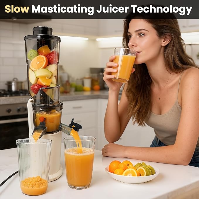 Nefaracy Cold Press Juicer, 3.1 Inch Juicer Machines, 150W Masticating Slow Juicer, Juice Machine for Vegetables and Fruits, Easy to Clean Juicers, High Juice Yield, Offwhite