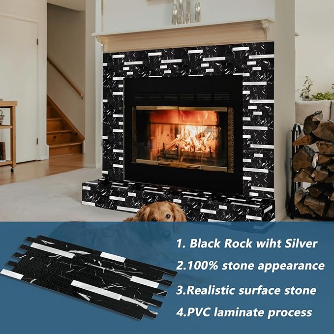 Yipscazo 10 Sheets Peel and Stick Stone Metal Backsplash Tiles, PVC Wall Tiles Stick on Backsplash for Kitchen, Bathroom (6'' X 12'', Black Rock)
