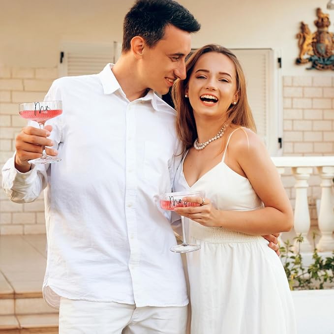AW BRIDAL Mr and Mrs Champagne Glasses Enagagement Gifts for Newlywed Couples 2025, Bride and Groom Martini Glasses Set of 2 for Wedding Bridal Shower, Anniversary Coupe Glass Set Gift for Margarita